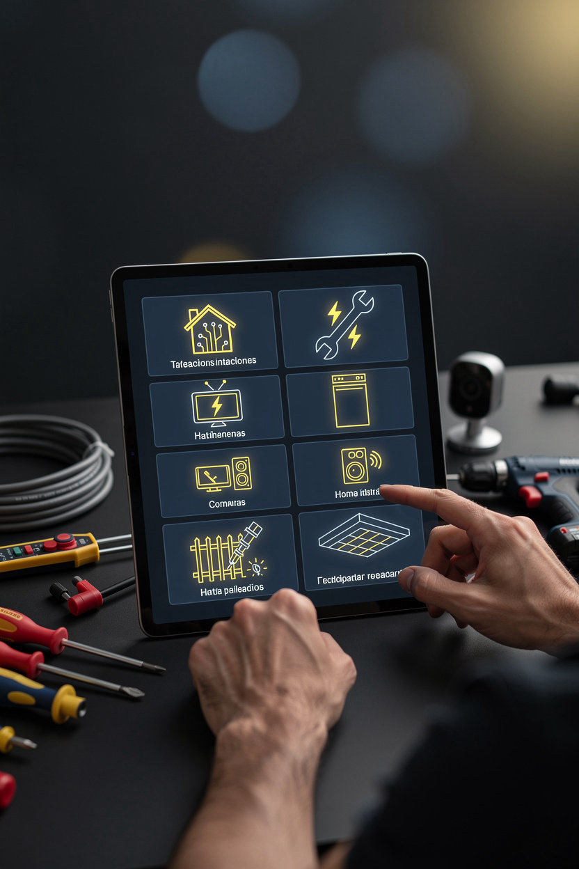 TecnoHogar JX técnico profesional realizando instalación eléctrica residencial con herramientas especializadas